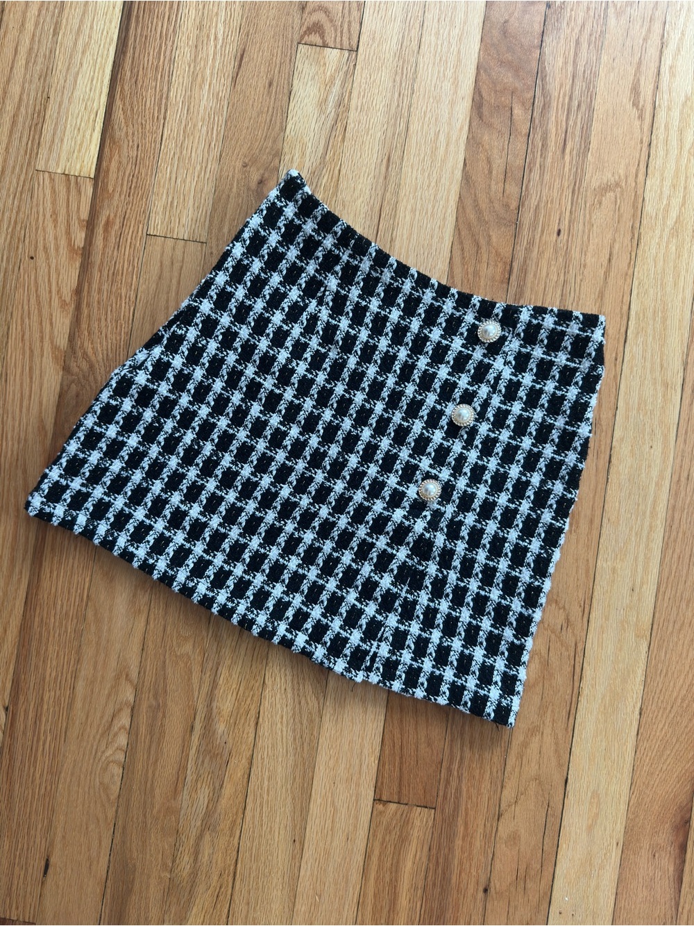 Black and White Tweed Mini Skirt with Pearl Buttons